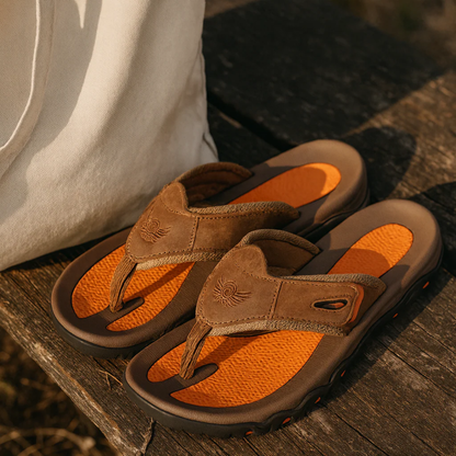 Zeekas Men’s Leather Outdoor Flip Flop Sandals – Ergonomic Footbed & Trail Grip Sole