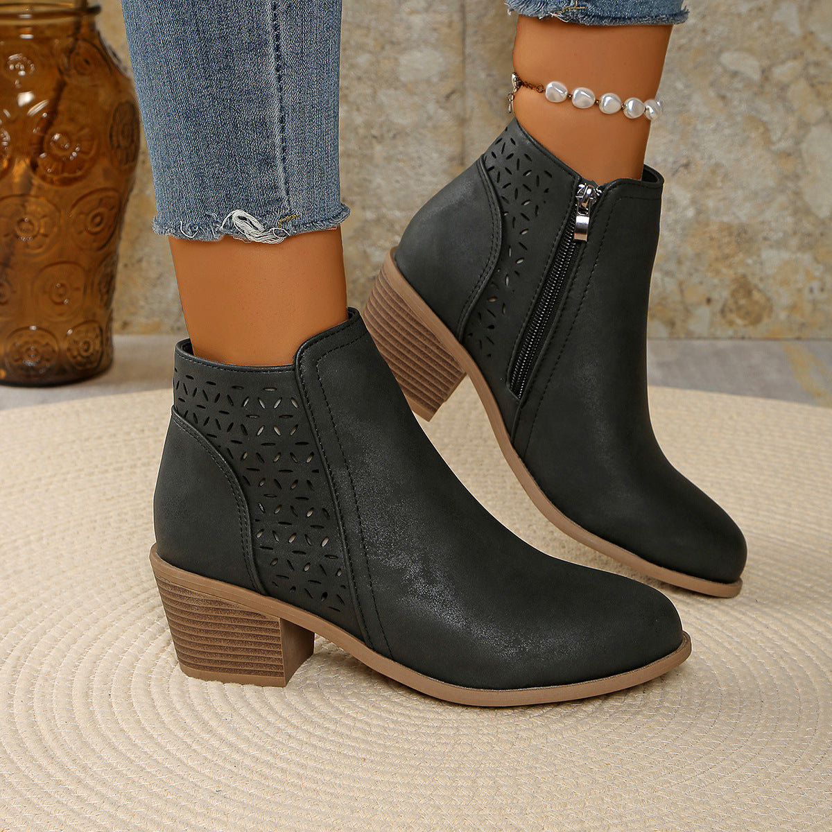 Sedona Cutwork Ankle Boots Black Wedge Heel Ankle Boots with Pointed Toe Design | Stylish Comfort for Effortless Elegance